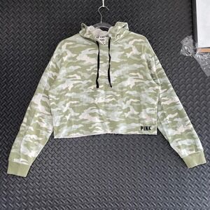 PINK Victoria Secret Green Camo Cropped Pullover Hoodie Sweater Women's Size S